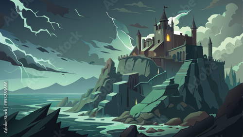 Print Mysterious Cursed Castle on a Cliff with Dramatic Background Vector Illustration