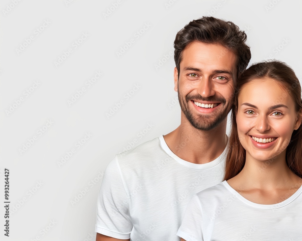 Smiling Happy Couple Wearing Casual White T-Shirts Posing Against Light Gray Background - Photograph for Lifestyle and People Concepts Smiling Happy Couple Wearing Casual White T-Shirts Posing Against Light Gray Background - Photograph for Lifestyle and People Concepts