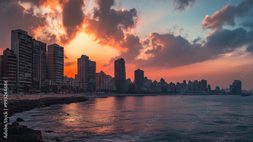 Sunset over the coastline of a bustling city, highlighting modern architecture and vibrant colors reflecting on the water Sunset over the coastline of a bustling city, highlighting modern architecture and vibrant colors reflecting on the water