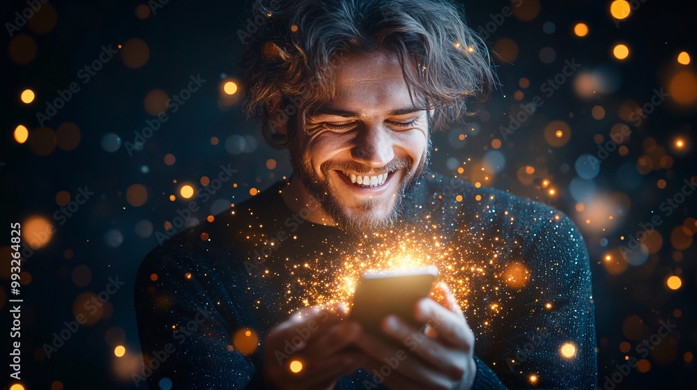 A person looking excited as they get a correct guess in a word puzzle game on their phone glowing brightly Large space for text in center Stock Photo with copy space A person looking excited as they get a correct guess in a word puzzle game on their phone glowing brightly Large space for text in center Stock Photo with copy space