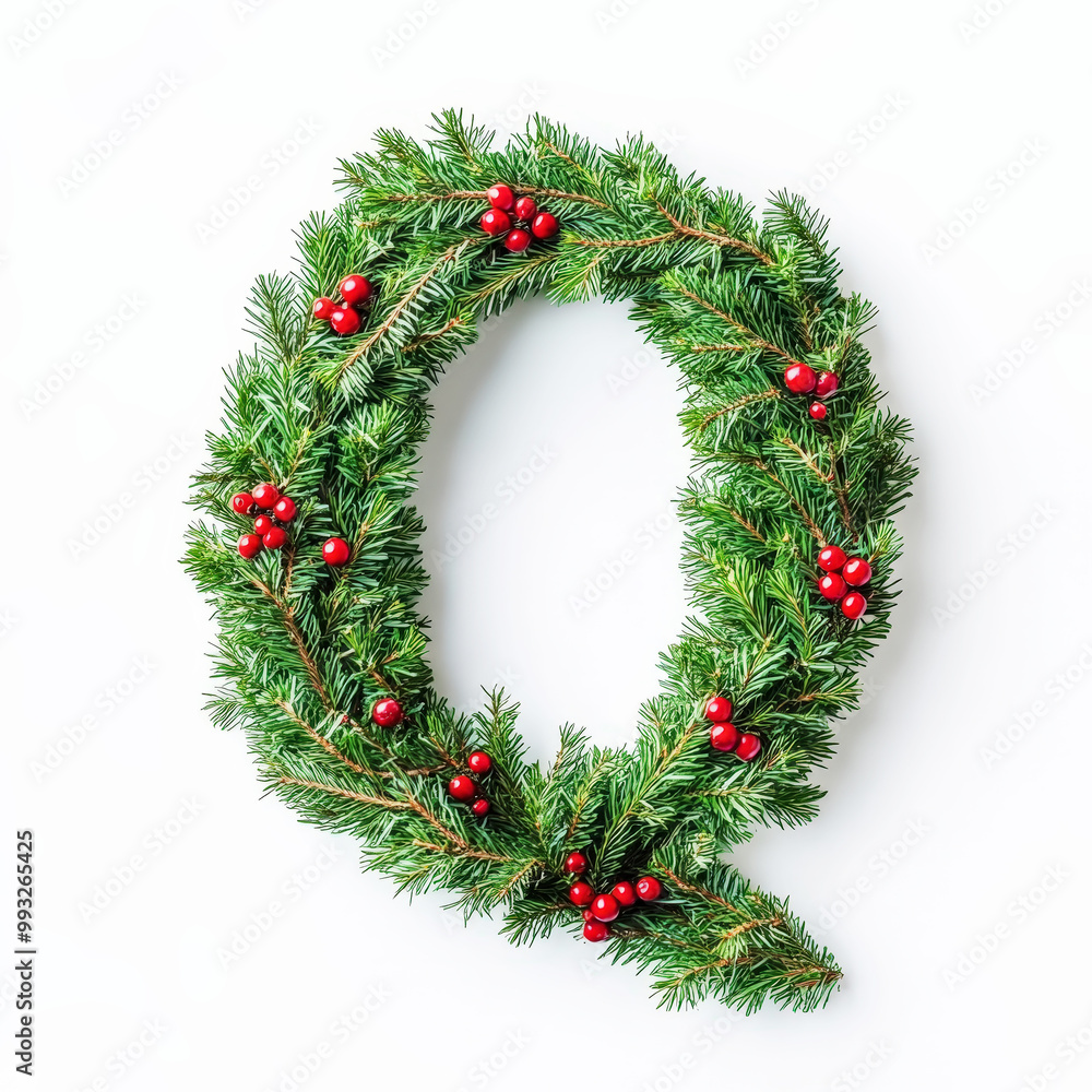 Christmas alphabet letter Q made of fresh green fluffy branches and red berries. Clean background. Generative AI Christmas alphabet letter Q made of fresh green fluffy branches and red berries. Clean background. Generative AI
