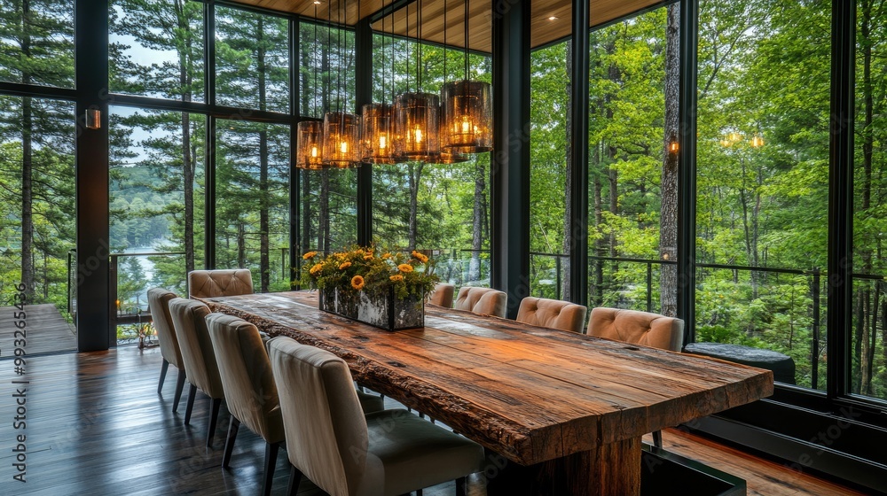 Fototapeta premium Lavish dining area with a reclaimed wood table