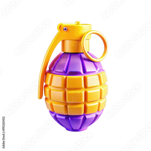 A vibrant, stylized toy grenade featuring purple and yellow colors. This playful design is meant for kids and is isolated on a black background.