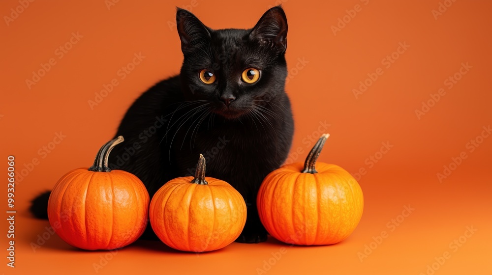 Black cat with orange pumpkin on an orange background Black cat with orange pumpkin on an orange background