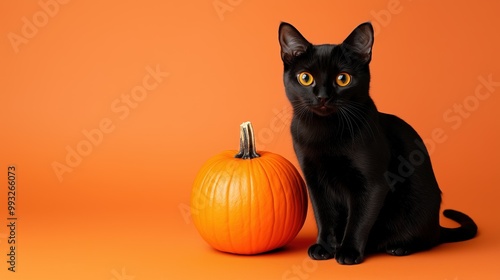 Black cat with orange pumpkin on an orange background