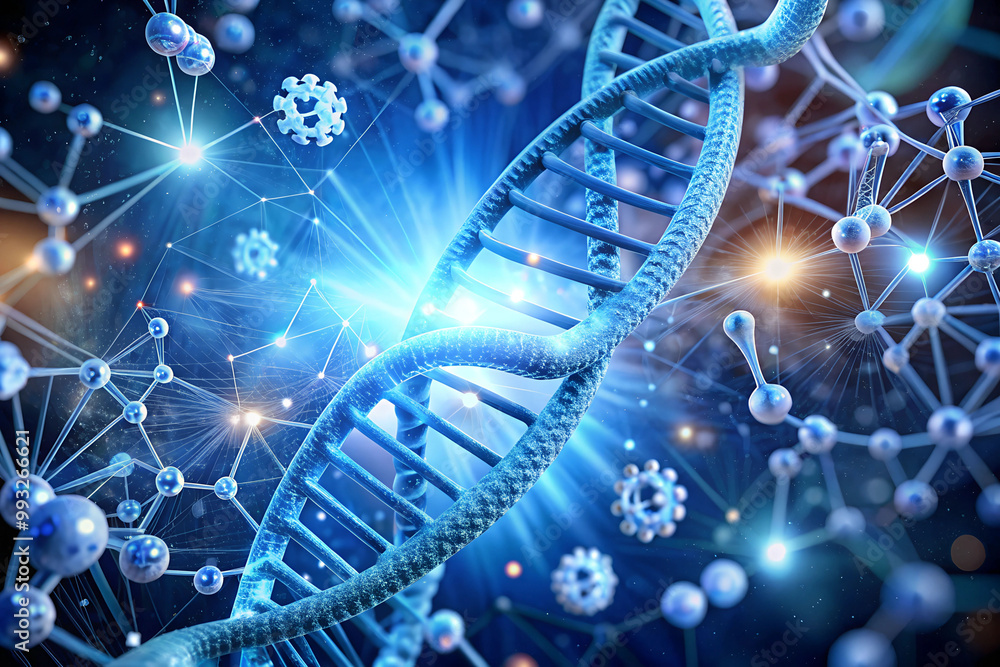 A 3D illustration of DNA strands with medical icons floating around in a virtual environment. A 3D illustration of DNA strands with medical icons floating around in a virtual environment.