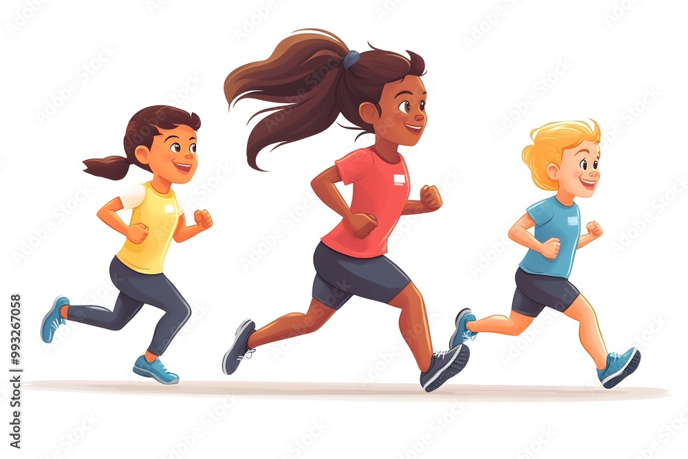 Three Diverse Athlete Characters Running in a Competitive Race or Training Exercise Three Diverse Athlete Characters Running in a Competitive Race or Training Exercise