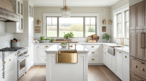 Luxurious farmhouse kitchen with a large central island