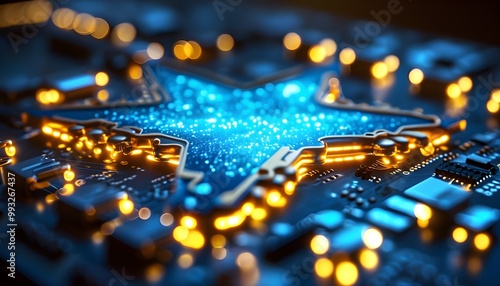 Illuminated blue star-shaped circuit board with golden connectors, radiating warmth and symbolizing technological innovation and success