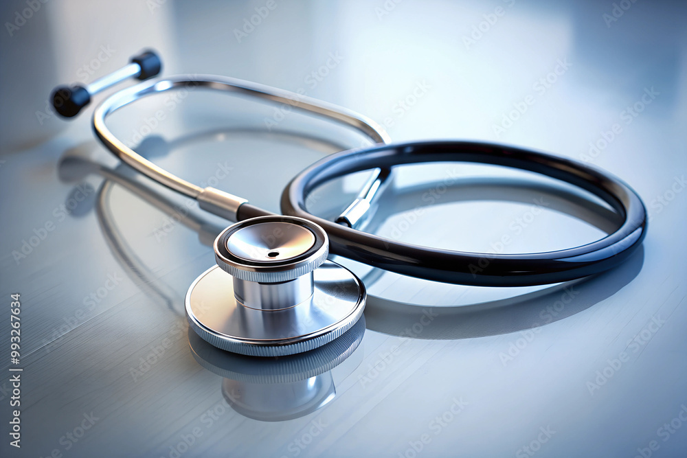 A modern stethoscope lying on a clean white surface with soft lighting. A modern stethoscope lying on a clean white surface with soft lighting.