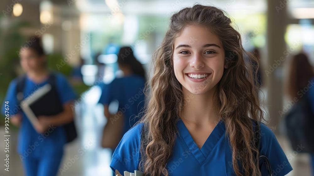 Obraz premium A Young Female Nursing Student Smiling in Blue Scrubs at Hospital Entrance