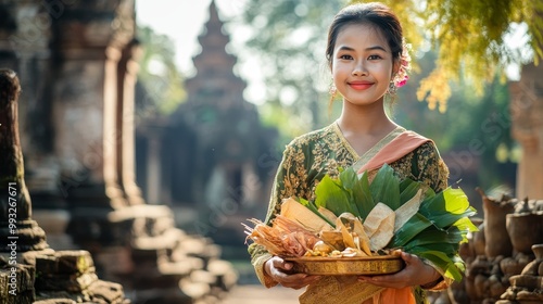 Serene Cambodian Woman in Traditional Attire Holding Offerings at Pchum Ben Festival with Temple Backdrop Outdoors on a Sunny Day photo