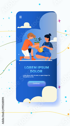 People gardening together healthy lifestyle concept flat design illustration with vibrant colors clouds abstract shapes mobile application screen template