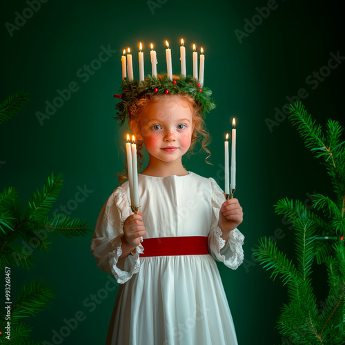 A red-haired girl dressed as Saint Lucia, with a green wreath on her head, in a white dress with a red belt and holding candles in her hands. Green pastel background. Hyper-realistic photo.