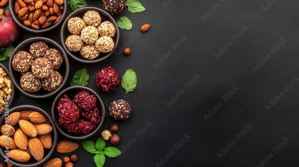 Elegant Vegan Snack Platter With Nut Clusters, Fruit Slices, and Energy Balls on Dark Background, Showcasing Plant-Based Diversity Elegant Vegan Snack Platter With Nut Clusters, Fruit Slices, and Energy Balls on Dark Background, Showcasing Plant-Based Diversity