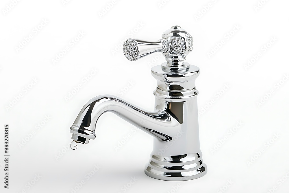 Chrome Water Tap with Blue Water Drop in front of Tiles Wall extreme closeup. 3d Rendering Chrome Water Tap with Blue Water Drop in front of Tiles Wall extreme closeup. 3d Rendering