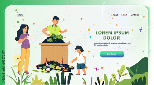 Family composting organic waste sustainable lifestyle concept. Illustration depicts a family composting organic waste in a garden setting with vibrant plants and colorful elements. Web design template