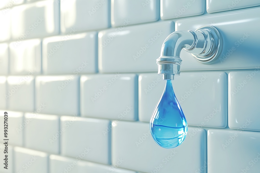 Chrome Water Tap with Blue Water Drop in front of Tiles Wall extreme closeup. 3d Rendering Chrome Water Tap with Blue Water Drop in front of Tiles Wall extreme closeup. 3d Rendering