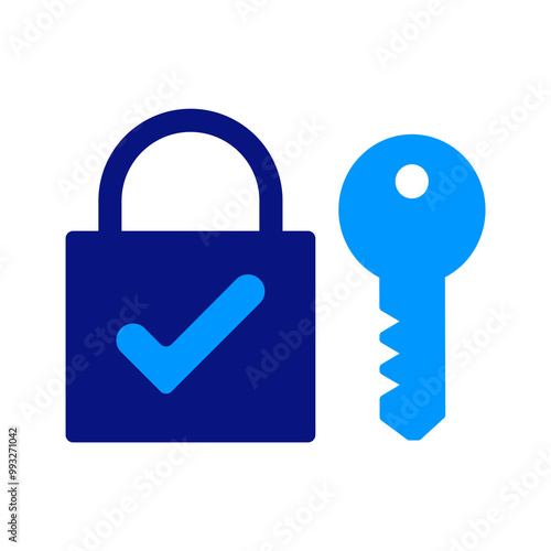 Lock icon in dark blue with key in light blue, check mark on lock for security verification, representing privacy, secure access, and data protection, simple flat design.