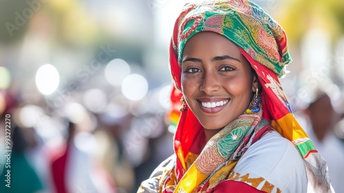 Celebrating Independence: Eritrean Woman in Traditional Garb at Parade in City Street Amid Festive Crowd under Daylight Sky photo