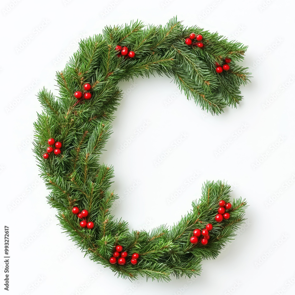 Christmas alphabet letter C made of fresh green fluffy branches and red berries. Clean background. Generative AI Christmas alphabet letter C made of fresh green fluffy branches and red berries. Clean background. Generative AI