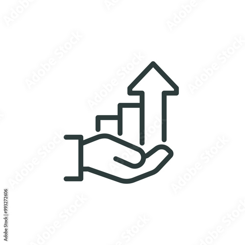Effective growth, provide a growth strategy, increasing productivity outline icon. Line sign graph and arrow up on hand. Vector isolated pictograms for web on white background editable stroke.
