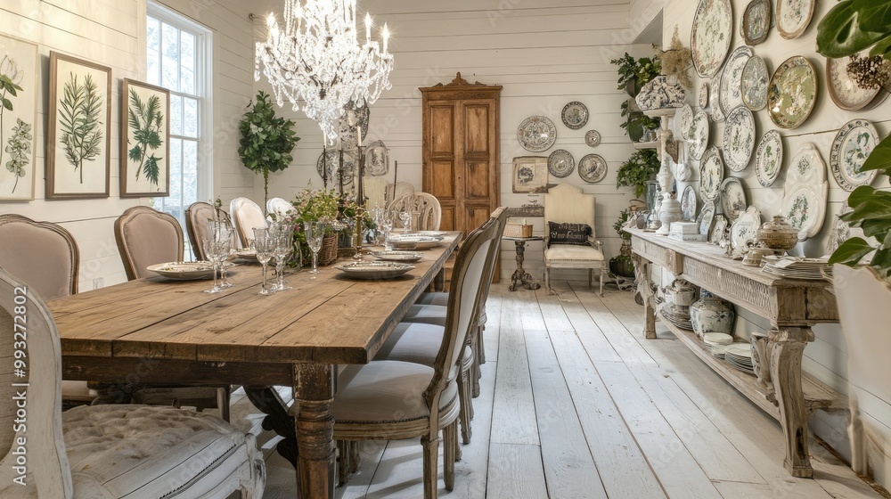 Obraz premium An elegant yet cozy farmhouse dining area with white washed wood floors