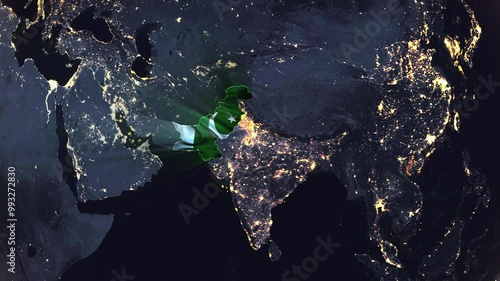 Realistic Digital Earth Night Orbit and Zoom Shining Country Flag Embedded in Borders Pakistan photo