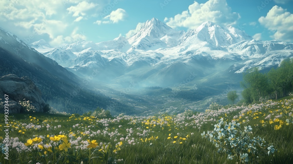 Breathtaking panoramic view of snow-capped mountains in a vibrant valley filled with wildflowers on a clear sunny day Breathtaking panoramic view of snow-capped mountains in a vibrant valley filled with wildflowers on a clear sunny day