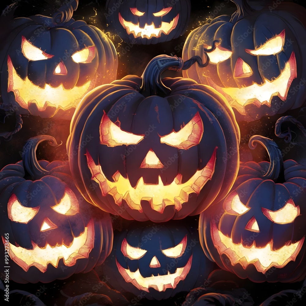 Fototapeta premium Jack-o'-lantern faces glowing with eerie light in the dark