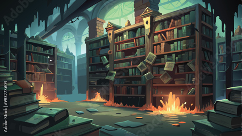 Print The Haunted Library Filled with Cursed Books Halloween Background Vector Illustration in Spooky Dark Setting