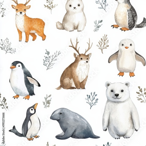 Seamless watercolor pattern nursery polar arctic animals watercolor collection set. snowy owl. reindeer. polar bear. fox. penguin, walrus. seal and oeca, hare, Generative AI