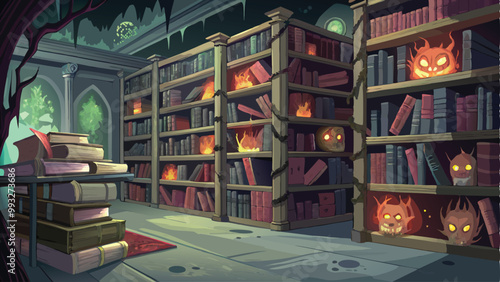 Print The Haunted Library Filled with Cursed Books Halloween Background Vector Illustration in Spooky Dark Setting