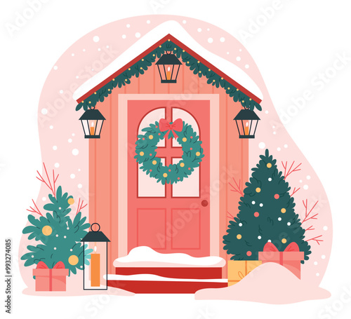 The front door is decorated for Christmas.House entrance decorated with Xmas wreath, lanterns on porch, festive ornaments and snow on winter holiday.