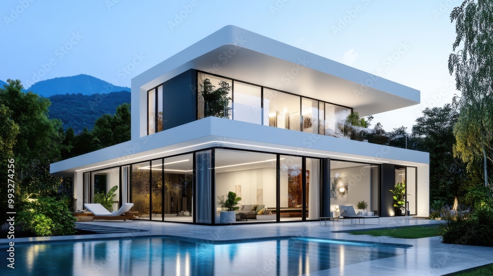 Modern Luxury Home with Pool and Scenic Background Modern Luxury Home with Pool and Scenic Background