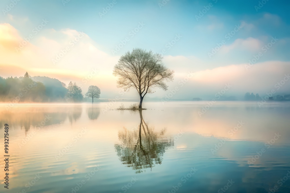 Soft Focus Ethereal Dreamy Lone Tree Growing from Calm Lake Waters with Misty Foggy Atmosphere and Subtle Pastel Color Palette Soft Focus Ethereal Dreamy Lone Tree Growing from Calm Lake Waters with Misty Foggy Atmosphere and Subtle Pastel Color Palette