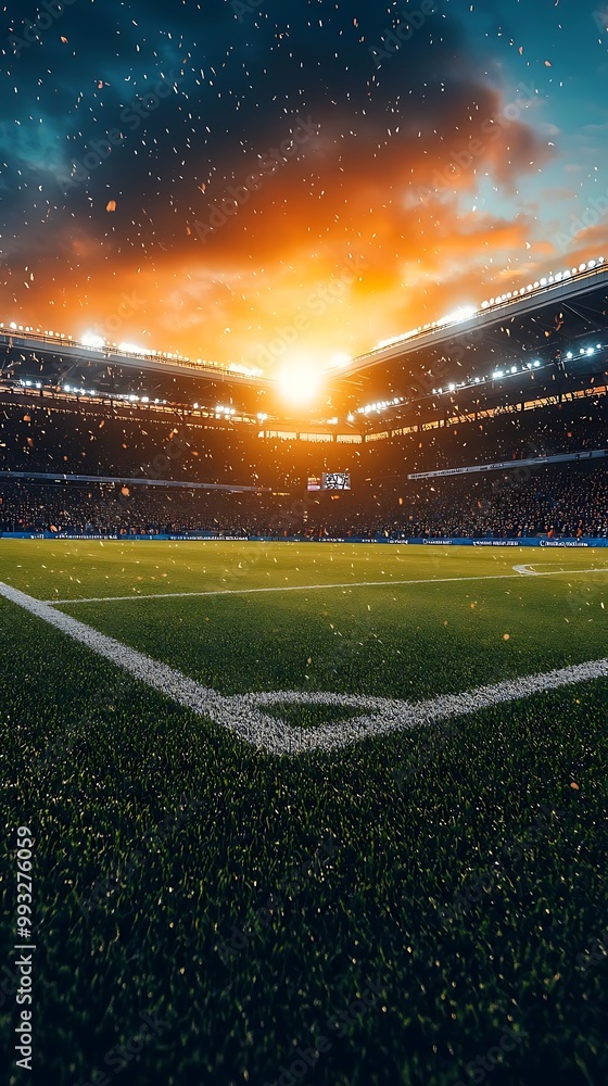 Illustration - Empty Football Stadium Under Sunset Clouds with Falling Confetti Illustration - Empty Football Stadium Under Sunset Clouds with Falling Confetti