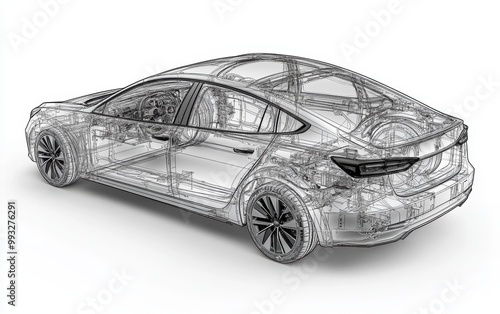 Unveiling Automotive Innovation: A transparent 3D blueprint of a modern sedan, showcasing intricate design and engineering details. Future of mobility.