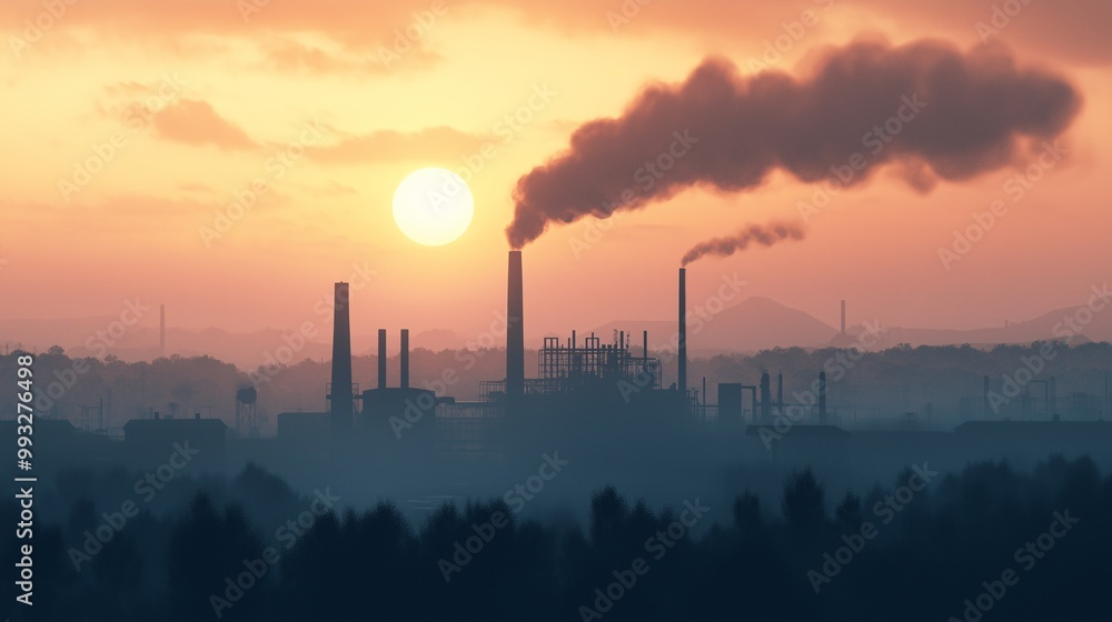Industrial Landscape at Sunset with Smoke Emission Industrial Landscape at Sunset with Smoke Emission