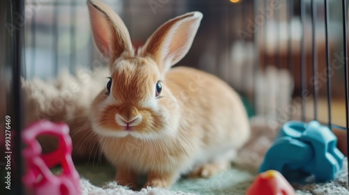 A pet rabbit in a cage, with toys and bedding, demonstrating a well-cared-for domestic environment for small animals.