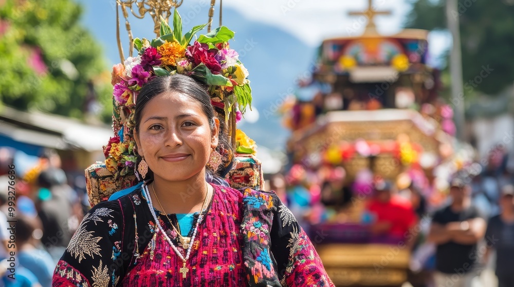 Cultural Festivities: Guatemalan Woman in Traditional Attire Carrying Religious Float During Semana Santa Celebration Cultural Festivities: Guatemalan Woman in Traditional Attire Carrying Religious Float During Semana Santa Celebration