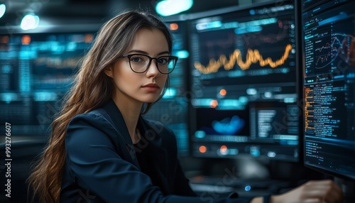 Woman Working on Data Analysis and Coding on Multiple Monitors