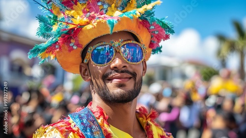 Vibrant Montserratian Man Celebrating Carnival in Colorful Costume at Street Parade photo