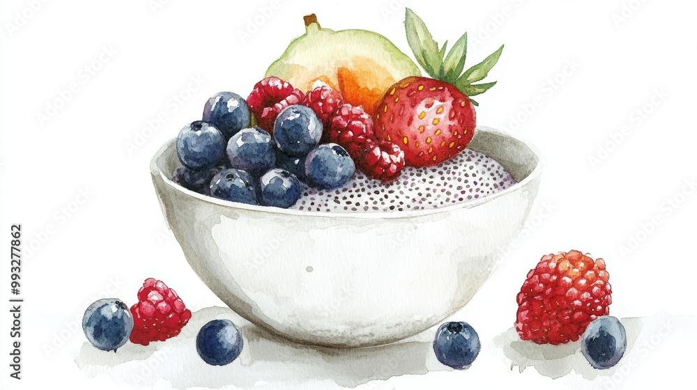 Watercolor illustration of a bowl of chia pudding topped with fresh berries and fruit, isolated on a white background Watercolor illustration of a bowl of chia pudding topped with fresh berries and fruit, isolated on a white background