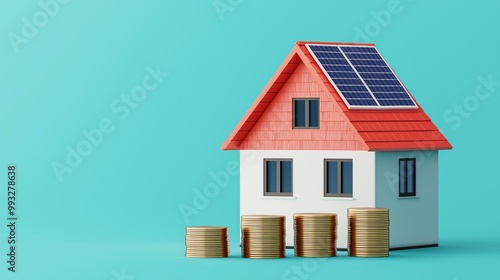 Model House with Solar Panels and Coins Stacked Nearby