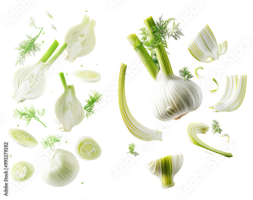 Floating fennel bulb and slices on isolated transparent background