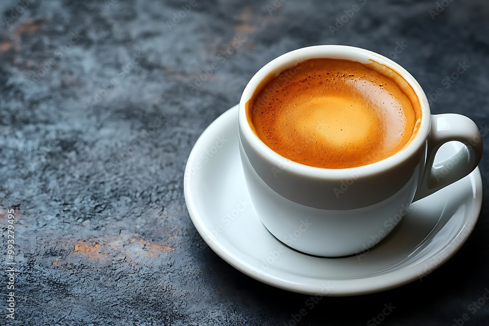 Photo of Aromatic Espresso Coffee in White Cup on Dark Background Photo of Aromatic Espresso Coffee in White Cup on Dark Background