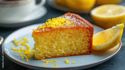 A slice of lemon drizzle cake served with tea, with a lemon wedge and zest on the side for extra flair.