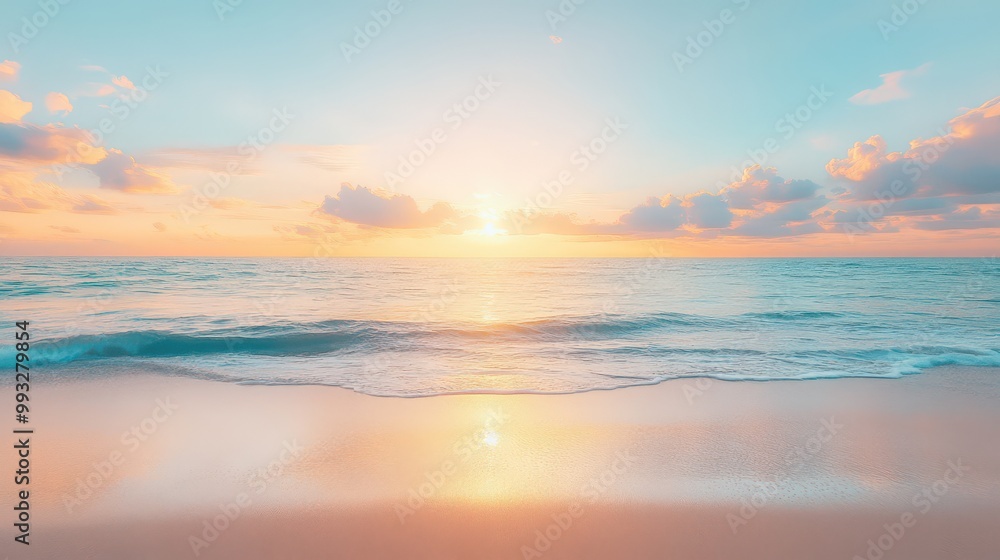 Fototapeta premium Close-up of sandy beach by the sea. Panoramic view of the beach landscape. Inspiring tropical shoreline and seascape with a distant horizon. Vibrant orange and golden hues of the sunset sky