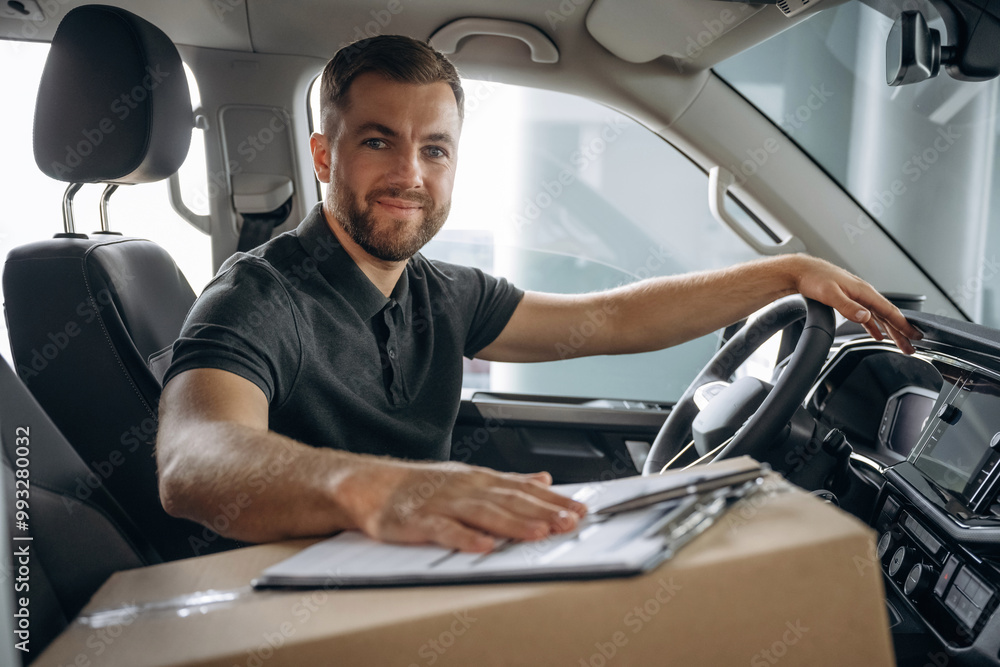 Obraz premium Looking at the camera, smiling. The delivery man or a loader is in the car with box